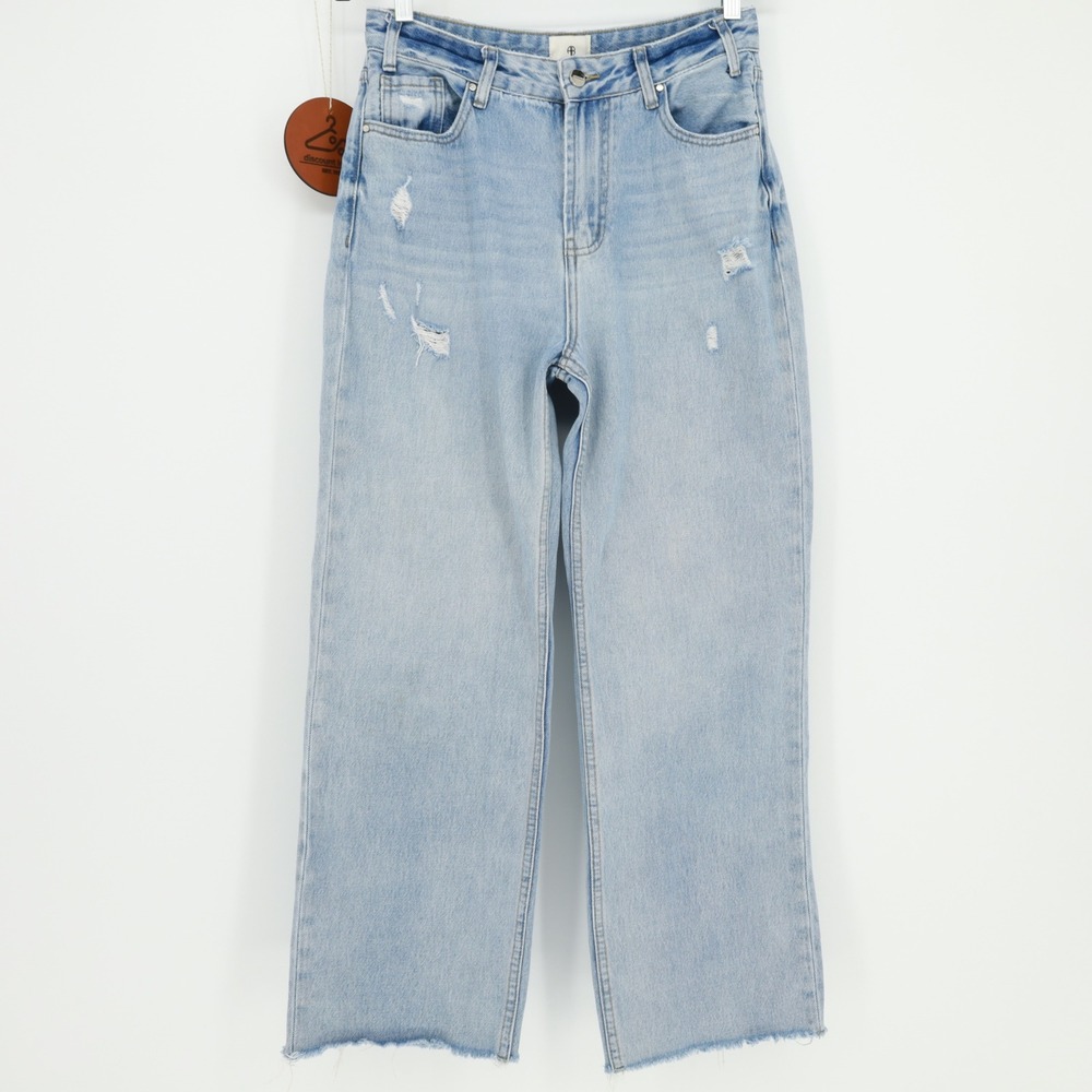 Anine Bing Gavin Jeans Light Blue Distressed Wide Legā Raw Hem Size 30